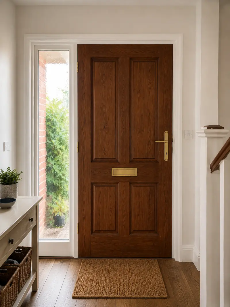 Repaired timber front door with brass lock, handle and letterbox in a Abbots Langley home