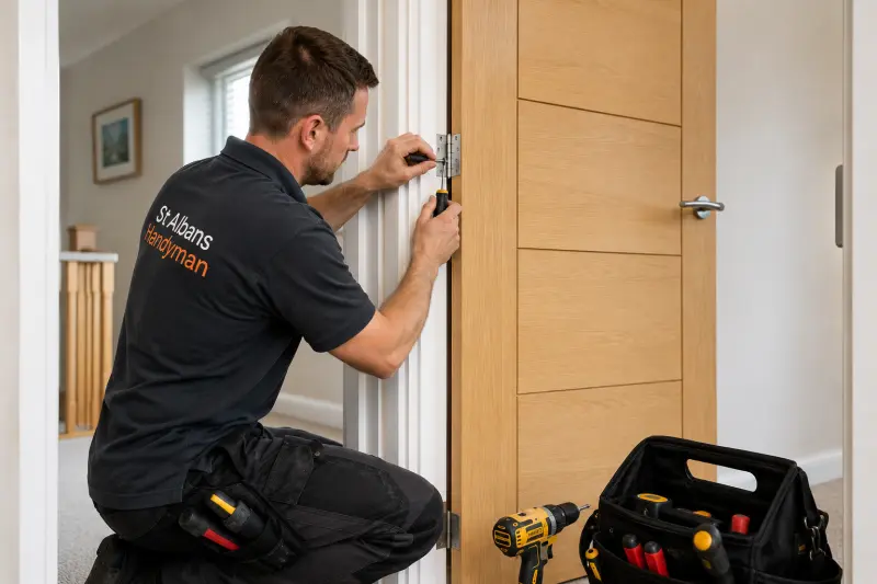Handyman adjusting hinges on an internal timber door in a Berkhamsted home