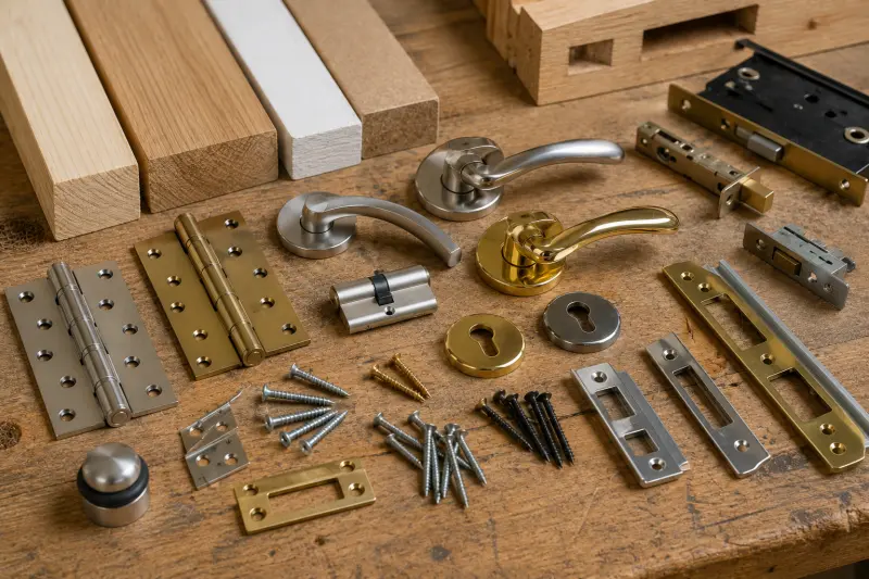 Door repair materials, hinges, handles and fittings on a workbench