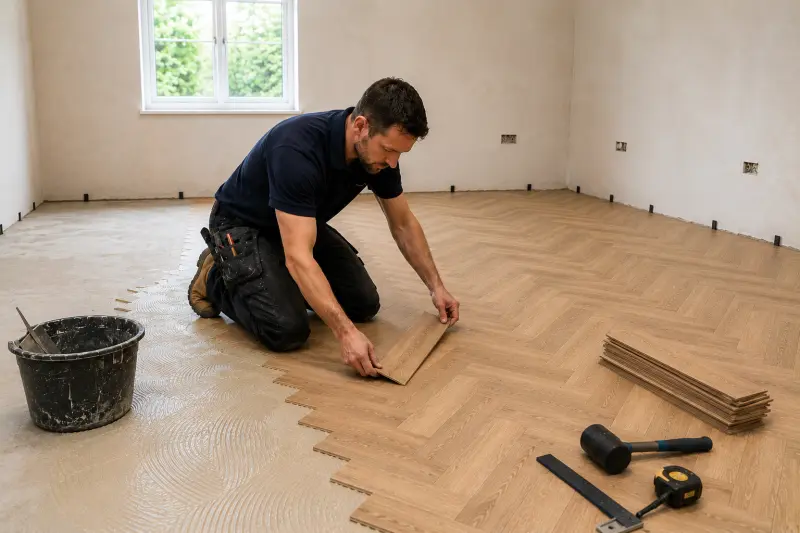 Professional handyman installing herringbone flooring inside a modern home in Abbots Langley.