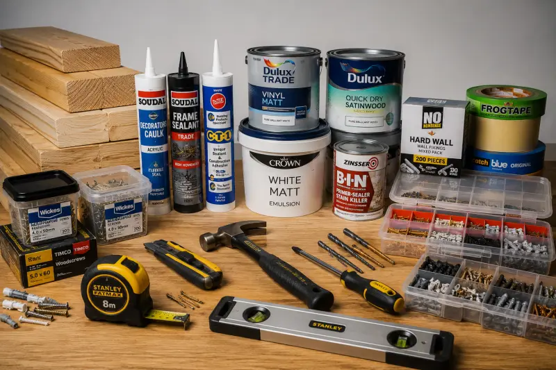 Professional property maintenance materials and hand tools neatly arranged on a workbench in a UK workshop.