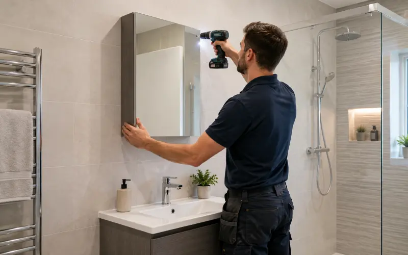 Handyman installing a mirrored bathroom cabinet above a vanity unit in a modern bathroom in Abbots Langley.