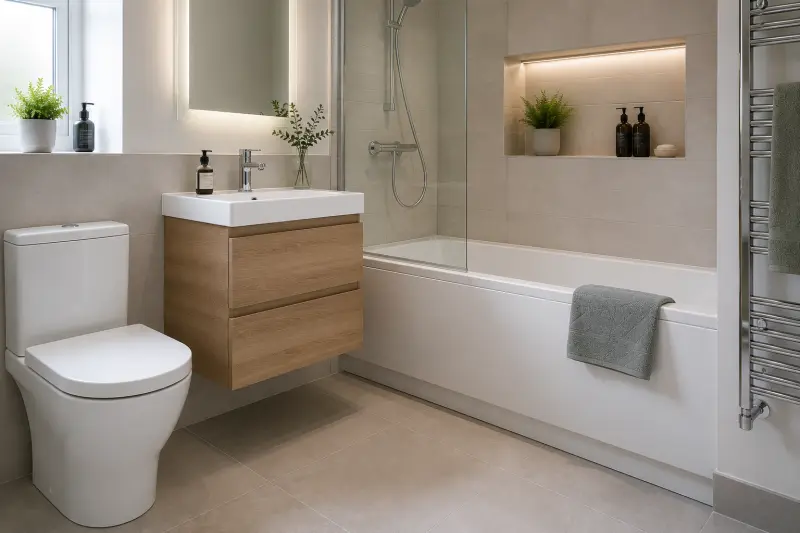 Modern bathroom suite with toilet, vanity unit, bath and heated towel rail suitable for professional bathroom fitting in Abbots Langley.