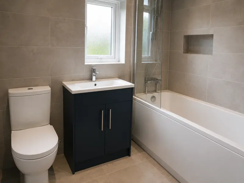 Modern bathroom suite installation with toilet, vanity unit, bath and shower screen completed in Abbots Langley.