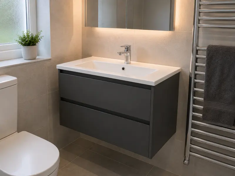 Modern wall mounted vanity unit and basin installation completed in Abbots Langley by Abbots Langley Handyman.