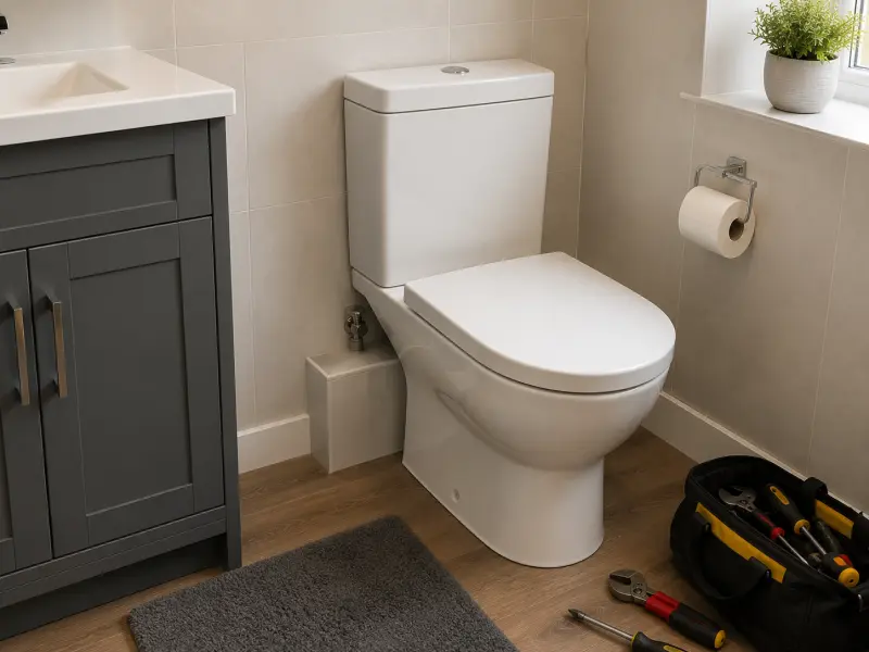 Bathroom repair completed in Abbots Langley with a repaired toilet and professional tools beside the finished installation.