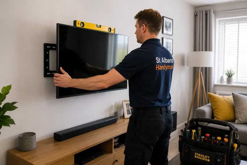 Professional Harpenden Handyman mounting and levelling a flat-screen TV on a wall in a UK home