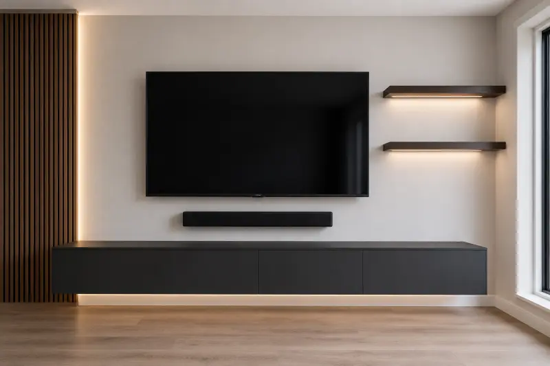 Wall mounted flat screen TV with soundbar and floating shelves in a modern UK living room