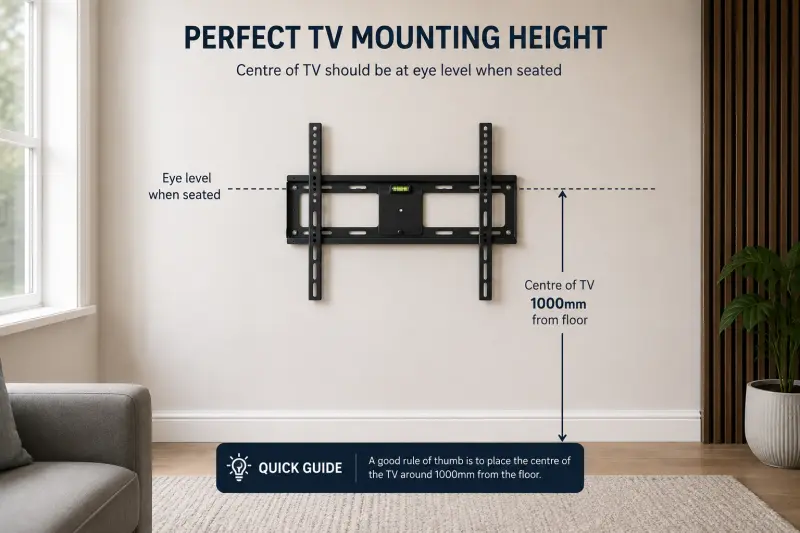 TV wall mounting bracket positioned at seated eye level in a modern UK living room