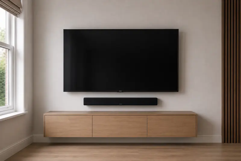 Wall mounted flat screen TV and soundbar professionally fitted in a modern Harpenden living room