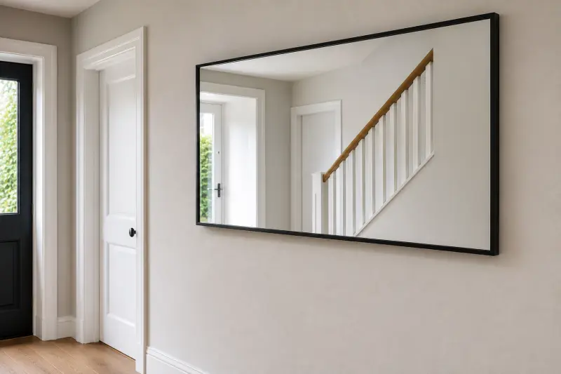 Large wall mounted framed mirror professionally fitted in a bright Harpenden hallway