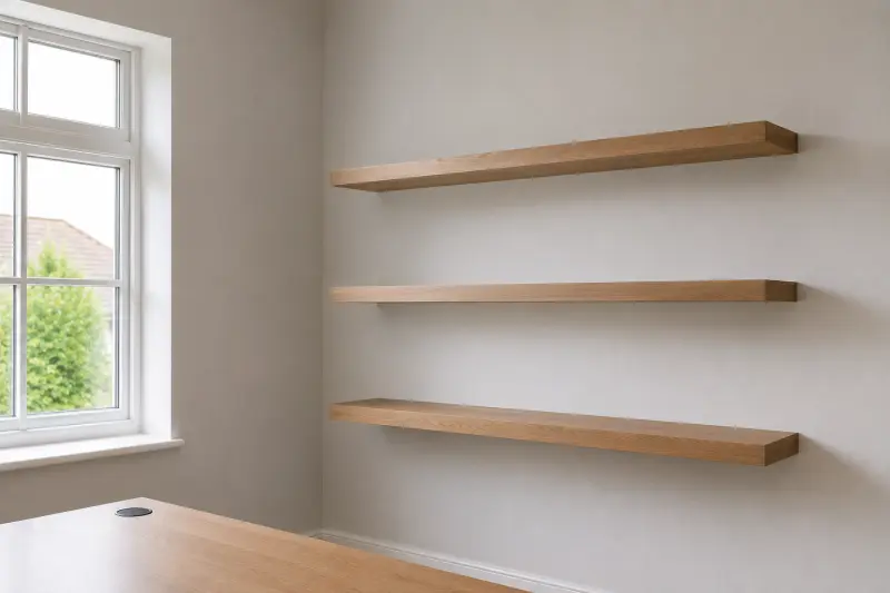 Three floating wooden shelves professionally fitted in a Harpenden home office